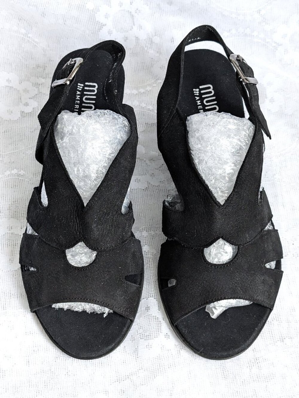 NEW Munro American Lola Black Suede Leather Slingback Wedge Sandals Size 8.5 WW